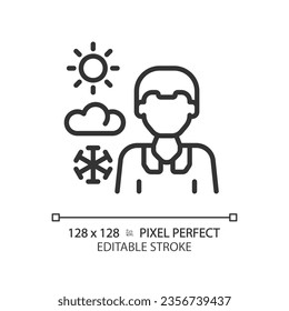 2D pixel perfect editable black weather newscaster icon, isolated vector, thin line illustration representing journalism.