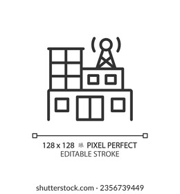 2D pixel perfect editable black radio station building icon, isolated vector, thin line illustration representing journalism.