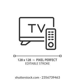 2D pixel perfect editable black television set icon, isolated vector, thin line illustration representing journalism.