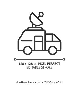 2D pixel perfect editable black news satellite van icon, isolated vector, thin line illustration representing journalism.