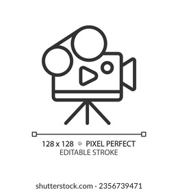 2D Pixel perfekt bearbeitbare schwarze Videokamera Symbol, einzelne Vektorgrafik, dünne Linie Abbildung, die Journalismus darstellt.