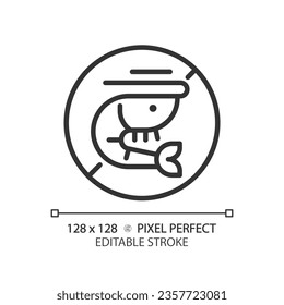 Icono sin camarón negro de píxeles 2D perfecto editable, vector aislado, ilustración de línea delgada que representa sin alergeno.