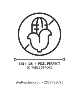 Icono sin maíz negro, vector aislado, ilustración de línea delgada que representa el alérgeno libre de píxeles 2D.