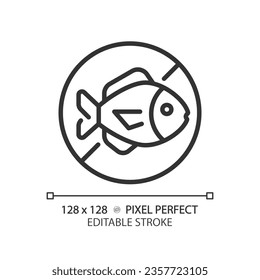 2D pixel perfect editable black fish free icon, isolated vector, thin line illustration representing allergen free.