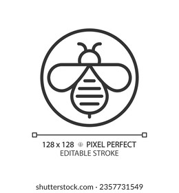 2D pixel perfect editable black honeybee icon, isolated vector, thin line illustration representing allergen free.