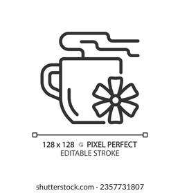 2D pixel perfect editable black flower tea icon, isolated vector, thin line illustration representing allergen free.