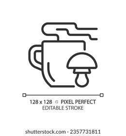 Icono de té de hongos negros de píxeles 2D perfecto editable, vector aislado, ilustración de línea delgada que representa sin alergeno.