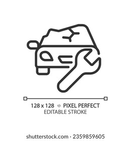 2D pixel perfect editable black car damage icon, isolated vector, thin line simple illustration representing car service and repair.