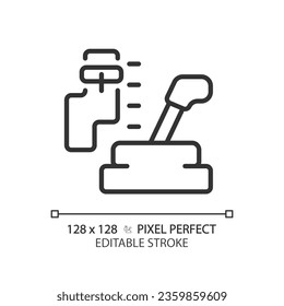 2D Pixel perfekt bearbeitbare schwarze Auto-Getriebe-Ikone, einzelne Vektorgrafik, dünne Linie einfache Illustration, die Auto-Service und Reparatur.