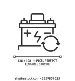 2D pixel perfect editable black car battery icon, isolated vector, thin line simple illustration representing car service and repair.