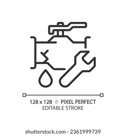 2D Pixel perfekt bearbeitbare schwarze Pipeline Leckage Symbol, einzelne Vektorgrafik, dünne Linie Abbildung, die Klempner.
