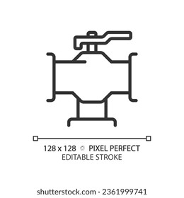 2D pixel perfect editable black pipeline with valve icon, isolated vector, thin line illustration representing plumbing.