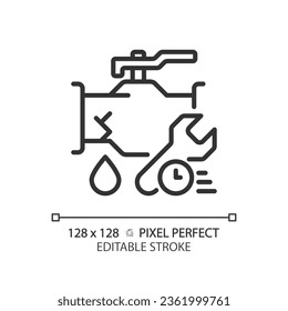 2D Pixel perfekt bearbeitbare schwarze Pipe Leck mit Zeit und Schlüssel Symbol, einzelne Vektorgrafik, dünne Linie Abbildung, die Klempnerei.