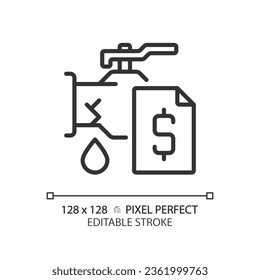 2D Pixel perfekt bearbeitbare schwarze Pipe Leckage mit Dollar-Symbol, einzelne Vektorgrafik, dünne Linie Illustration repräsentieren Klempner.
