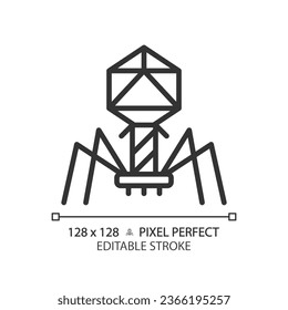 2D pixel perfect editable black bacteriophage icon, isolated vector, simple thin line illustration representing bacteria.