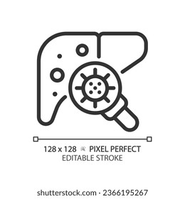 2D Pixel perfekt bearbeitbare schwarze Leber mit Virus-Symbol, einzelne Vektorgrafik, einfache dünne Linie Abbildung, die Bakterien darstellt.