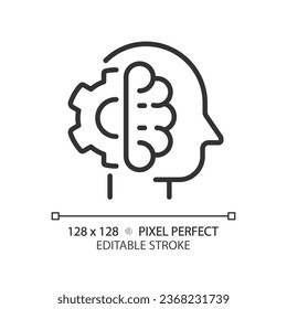 Icono de IQ alto y negro de píxeles 2D perfecto editable, vector aislado, ilustración de línea delgada que representa habilidades suaves.