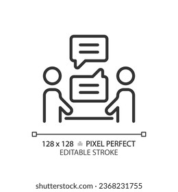 Icono de comunicación negro editable de píxeles 2D, vector aislado, ilustración de línea delgada que representa habilidades suaves.