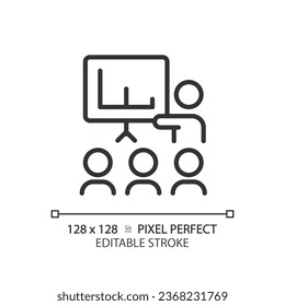 2D pixel perfect editable black public speaking icon, isolated vector, thin line illustration representing soft skills.