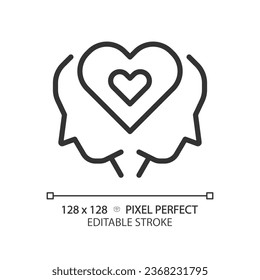 2D pixel perfect editable black empathy icon, isolated vector, thin line illustration representing soft skills.