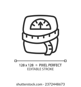 2D pixel perfect editable black weight scale with tape measure icon, isolated monochromatic vector, thin line illustration representing metabolic health.