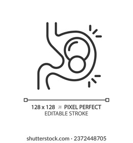 2D pixel perfect editable black pills in stomach icon, isolated monochromatic vector, thin line illustration representing metabolic health.