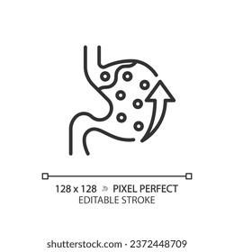 2D pixel perfect editable black acid reflux icon, isolated monochromatic vector, thin line illustration representing metabolic health.