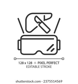 2D pixel perfect editable black futuristic device and VR goggles icon, isolated simple vector, thin line illustration representing VR, AR and MR.