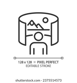 2D pixel perfect editable black virtual landscape image icon, isolated simple vector, thin line illustration representing VR, AR and MR.