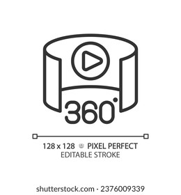 2D pixel perfect editable black 360 degree icon, isolated simple vector, thin line illustration representing VR, AR and MR.