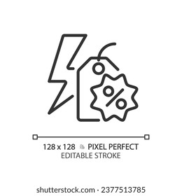 2D pixel perfect editable black flash sale icon, isolated vector, simple thin line illustration representing discounts.