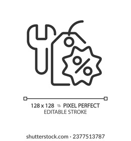 2D pixel perfect editable black tools discount icon, isolated vector, simple thin line illustration representing discounts.
