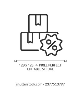 2D pixel perfect editable black tags with percentage icon, isolated vector, simple thin line illustration representing discounts.