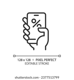 Icono de descuento en línea negro de píxeles 2D perfecto editable, vector aislado, ilustración de línea delgada simple que representa descuentos.