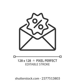 2D pixel perfect editable black discount message icon, isolated vector, simple thin line illustration representing discounts.