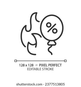 2D pixel perfect editable black flame and balloon discount icon, isolated vector, simple thin line illustration representing discounts.