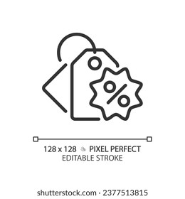 Icono de etiqueta de precio negro editable en píxeles 2D, vector aislado, ilustración de línea delgada simple que representa descuentos.