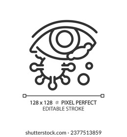 Icono de infección de ojos negros con píxeles 2D, vector simple aislado, ilustración de línea delgada que representa cuidado de ojos.