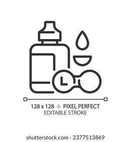 2D pixel perfect editable black contact lens solution icon, isolated simple vector, thin line illustration representing eye care.