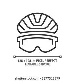 Icono de protección de ojos negros de píxeles 2D, vector simple aislado, ilustración de línea delgada que representa cuidado de ojos.