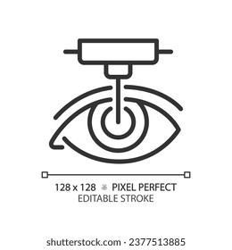 Icono de cirugía láser negro con píxeles 2D perfecto editable, vector simple aislado, ilustración de línea delgada que representa el cuidado de los ojos.