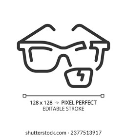 2D pixel perfect editable black broken eyeglasses icon, isolated simple vector, thin line illustration representing eye care.