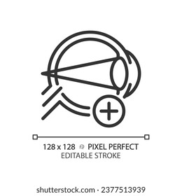 Icono de hiperopía negra editable de píxeles 2D, vector simple aislado, ilustración de línea delgada que representa cuidado de ojos.