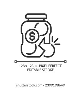 2D pixel perfect editable black broken glass jar icon, isolated simple vector, thin line illustration representing economic crisis.