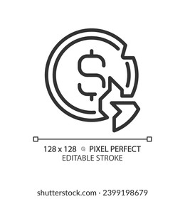 2D pixel perfect editable black broken coin icon, isolated simple vector, thin line illustration representing economic crisis.