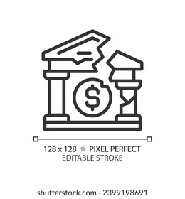 2D pixel perfect editable black bank failure icon, isolated simple vector, thin line illustration representing economic crisis.