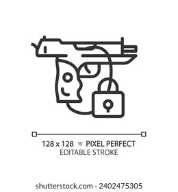 Icono de seguridad de pistolas negras de píxeles 2D, vector simple aislado, ilustración de línea delgada que representa armas.