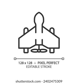 2D pixel perfect editable black military drone icon, isolated simple vector, thin line illustration representing weapons.