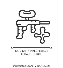 2D Pixel perfekt bearbeitbare schwarze Paintball-Symbol, einzelne einfache Vektorgrafik, dünne Linie Illustration repräsentieren Waffen.