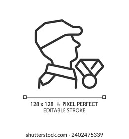 Icono de guerra de veteranos negros con píxeles 2D, vector simple aislado, ilustración de línea delgada que representa armas.